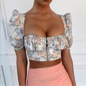 Floral Corset Crop Top Puff Sleeve Romantic Cottagecore NWT